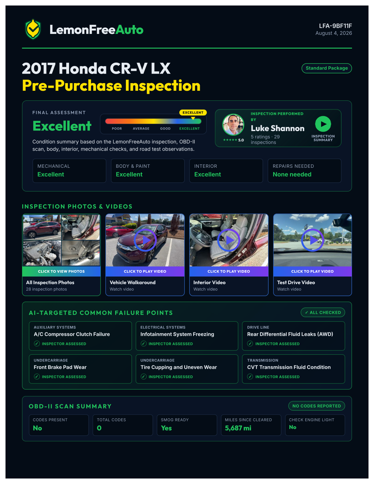 First page of the LemonFreeAuto 2017 Honda CR-V LX sample inspection report